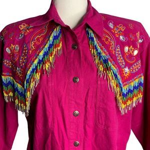 Vintage 90s Embroidered Beaded Western Shirt M Pink Rodeo Cowgirl Dolly